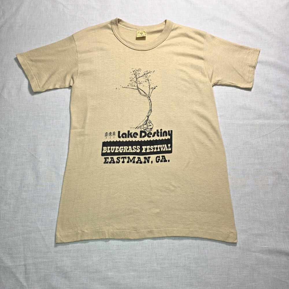 Vintage Lake Destiny Bluegrass Festival Shirt Mens Medium Tan 50/50 Made USA 80s